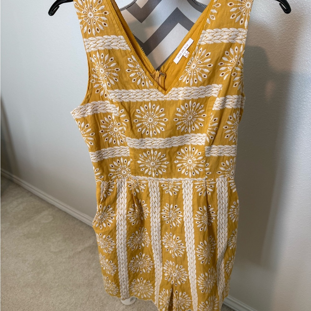 Skies Are Blue Mustard Yellow Embroidered V-Neck Romper
